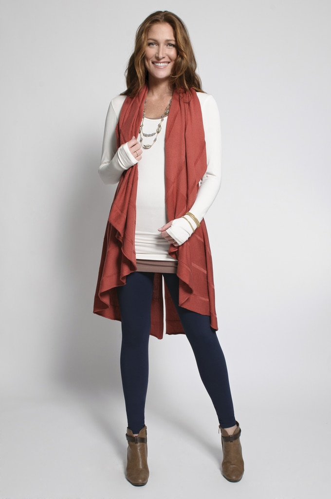 Navy Leggings (shown with Layering Tank Top in Tan, Layering Long Sleeve Top in Ivory & Long Vest in Marsala)